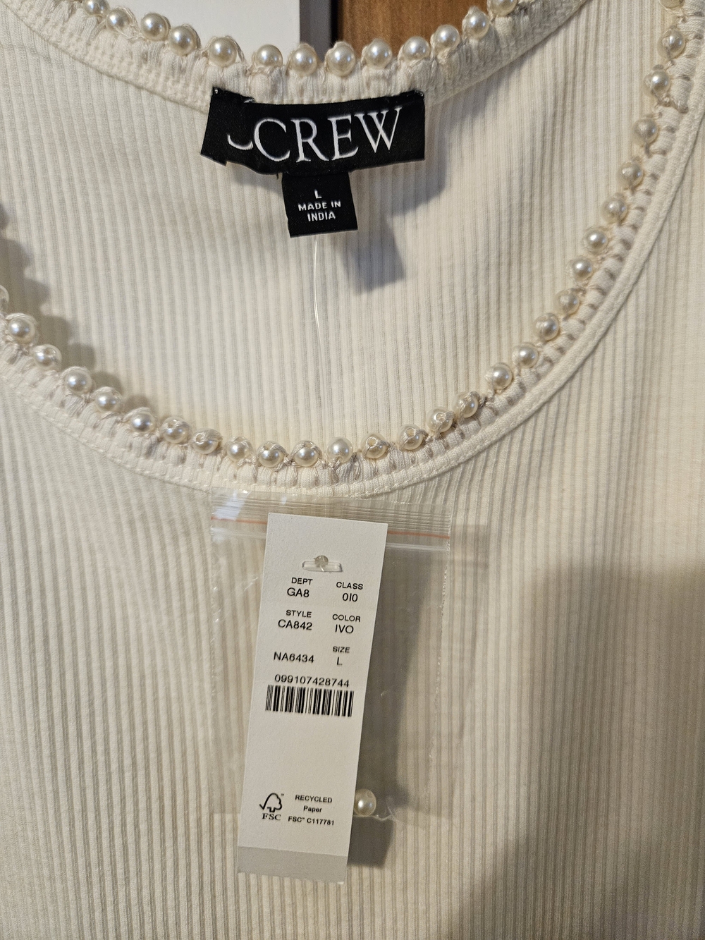 J. Crew Ivory Pearl-Trim Ribbed Tank - Picture 2 of 3